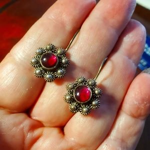 Vtg Sterling GARNET Boho earrings stamped pierced dangle
